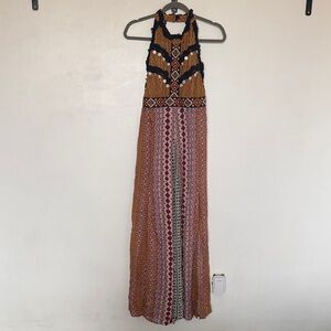 Anthropologie Halter Fringe Beaded Maxi